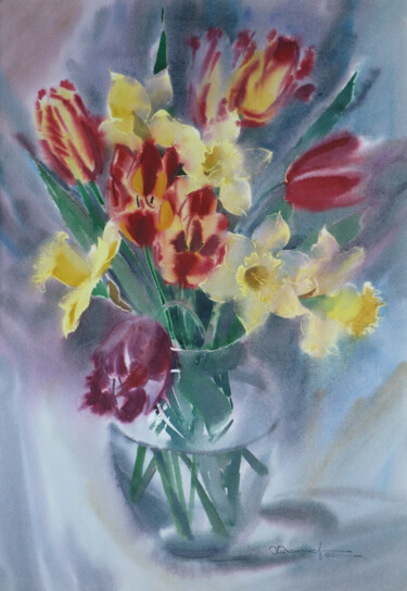 Painting titled "Red tulips" by Igor Manukhov, Original Artwork, Watercolor