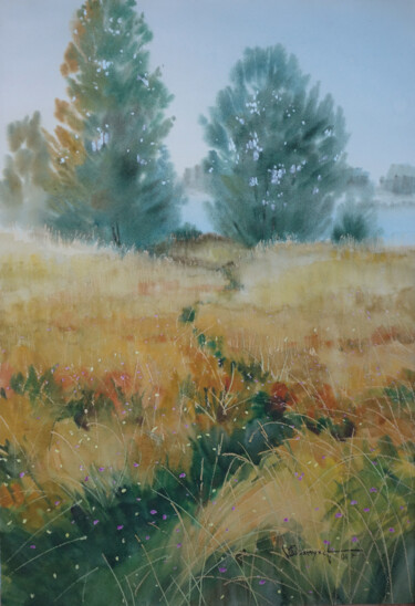 Картина под названием "Misty morning lands…" - Igor Manukhov, Подлинное произведение искусства, Акварель