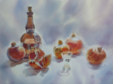 Malerei mit dem Titel "Rakia glass and pom…" von Igor Manukhov, Original-Kunstwerk, Aquarell