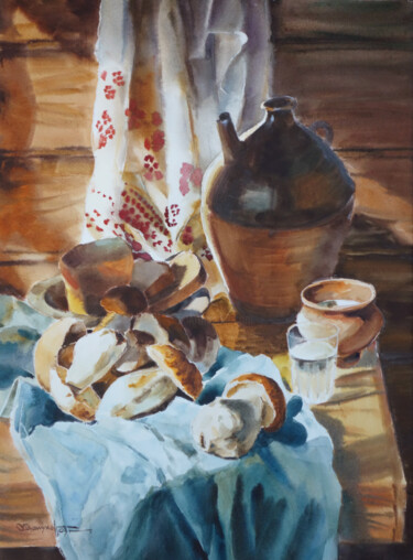 Peinture intitulée "Still-life with mus…" par Igor Manukhov, Œuvre d'art originale, Aquarelle