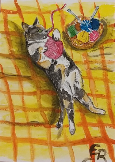 Peinture intitulée "Le chat s'amuse" par Chien De Talus, Œuvre d'art originale, Aquarelle Monté sur Châssis en bois