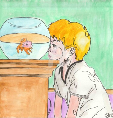 Peinture intitulée "Boy with fish" par Manuwolves, Œuvre d'art originale, Aquarelle