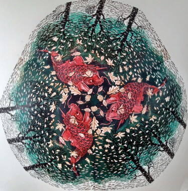 Incisioni, stampe intitolato "Three Worlds Cubed…" da Michael E. Voss, Opera d'arte originale, Incisioni su linoleum