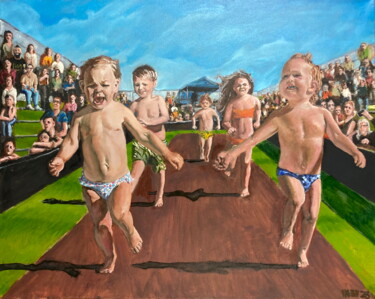 Painting titled "Baby Race" by Michael E. Voss, Original Artwork, Oil Mounted on Wood Stretcher frame