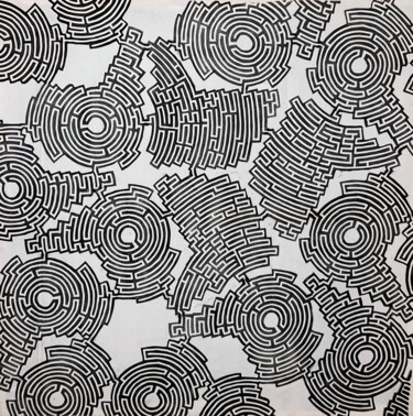 印花与版画 标题为“Labyrinth #1” 由Michael E. Voss, 原创艺术品, Linocuts 安装在木质担架架上