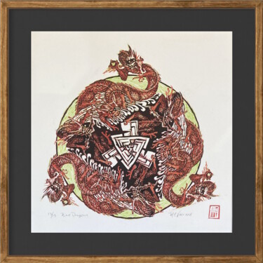 Gravures & estampes intitulée "Nine Dragons" par Michael E. Voss, Œuvre d'art originale, Linogravures