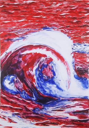 Printmaking titled "Red Dragon Wave" by Michael E. Voss, Original Artwork, Monotype Mounted on Wood Stretcher frame