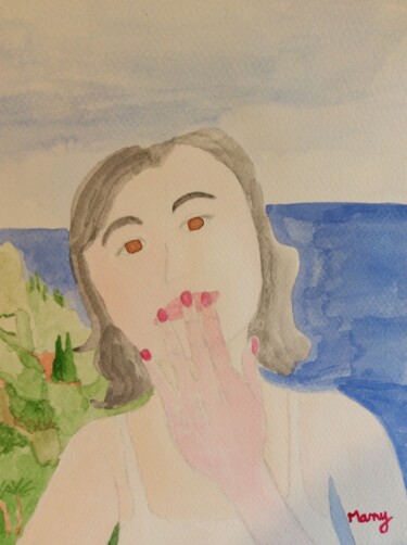 Peinture intitulée "La femme réfléchie" par Many, Œuvre d'art originale, Aquarelle