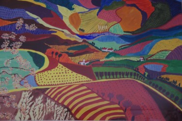 Pintura intitulada "La route jaune près…" por Many, Obras de arte originais, Acrílico