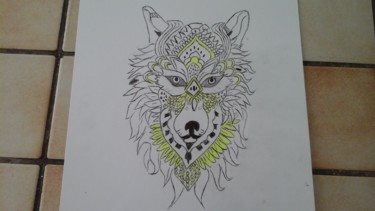 Sticker avec l'œuvre « Tête de loup détaillée en noir et blanc » de  l'artiste RalphKingsM