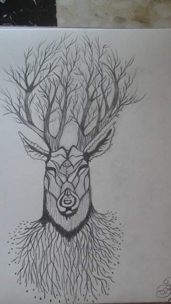 Dessin intitulée "Le cerf" par Florence Castelli  Flofloyd, Œuvre d'art originale, Crayon