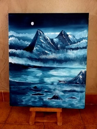 Malerei mit dem Titel "La montagne bleue" von Florence Castelli  Flofloyd, Original-Kunstwerk, Acryl