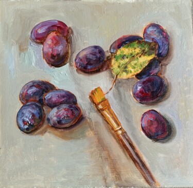 Painting titled "Pear leaf and plum." by Mariana Sobkiv, Original Artwork, Oil