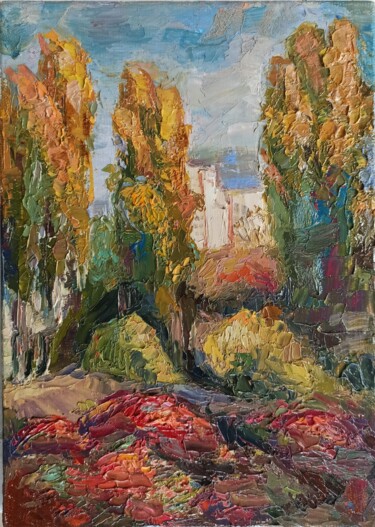 Painting titled "Golden poplars and…" by Mariana Sobkiv, Original Artwork, Oil