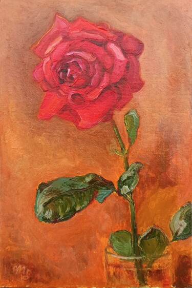 Painting titled "Red rose on a warm…" by Mariana Sobkiv, Original Artwork, Oil