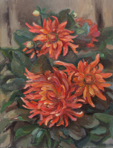 Painting titled "Orange dahlias." by Mariana Sobkiv, Original Artwork, Oil