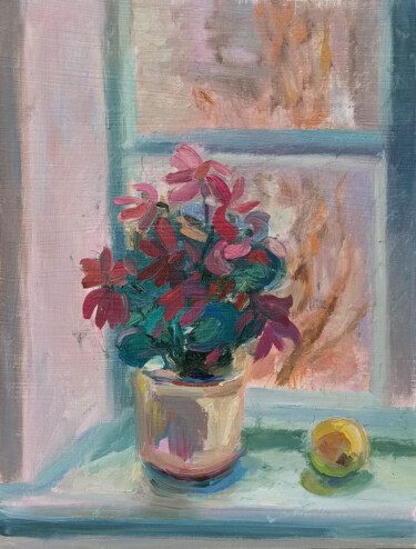 Painting titled "Winter. Cyclamen an…" by Mariana Sobkiv, Original Artwork, Oil