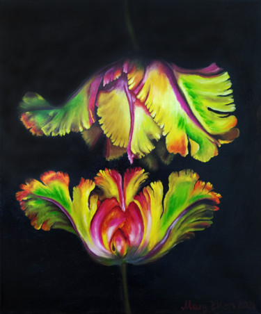 Painting titled "Two Rainbow Tulips" by Mariam Mary Ellen, Original Artwork, Oil