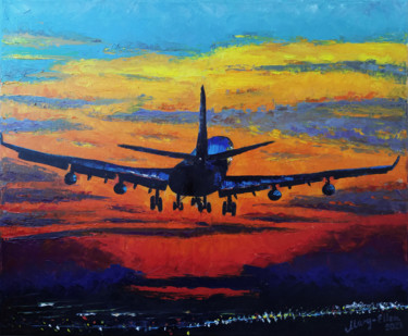 Painting titled "Plane at the sunset…" by Mariam Mary Ellen, Original Artwork, Oil