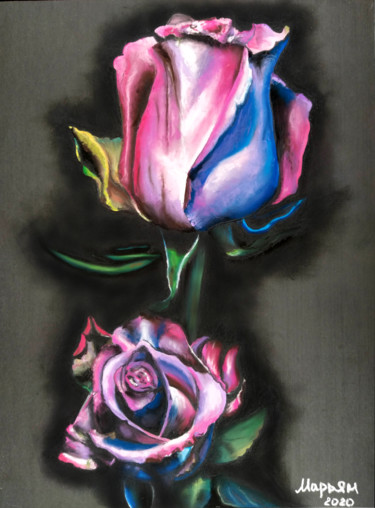 Картина под названием "Rose in blue lights" - Mariam Mary-Ellen, Подлинное произведение искусства, Пастель