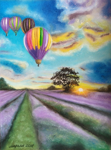 Malerei mit dem Titel "Hot air balloons in…" von Mariam Mary Ellen, Original-Kunstwerk, Pastell