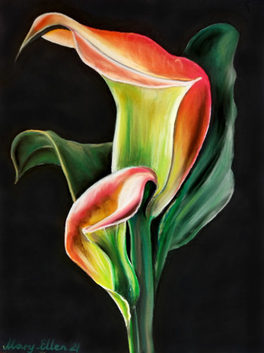 Painting titled "Green and red callas" by Mariam Mary Ellen, Original Artwork, Pastel