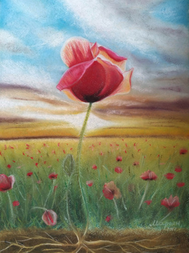 Schilderij getiteld "Red poppy" door Mariam Mary Ellen, Origineel Kunstwerk, Pastel