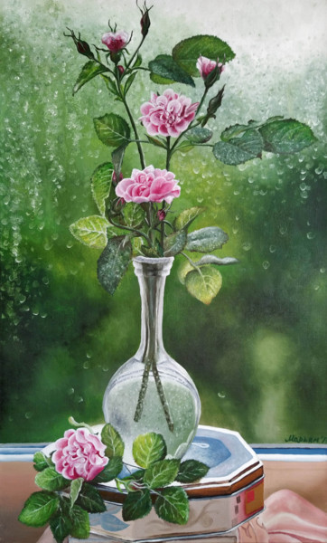 Painting titled "Roses by the rainy…" by Mariam Mary Ellen, Original Artwork, Oil
