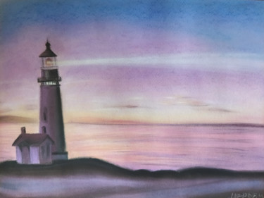 Malerei mit dem Titel "Lighthouse at sunset" von Mariam Mary Ellen, Original-Kunstwerk, Pastell