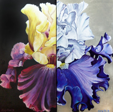 Painting titled "Diptych Irises" by Mariam Mary Ellen, Original Artwork, Oil
