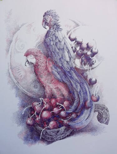 Painting titled "Cherries blossom" by Marat Myrzakhmetov, Original Artwork, Ballpoint pen