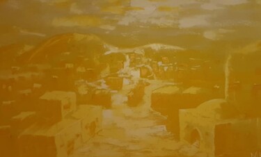 Painting titled "Sand city" by Marat Japarov, Original Artwork, Oil Mounted on Wood Stretcher frame