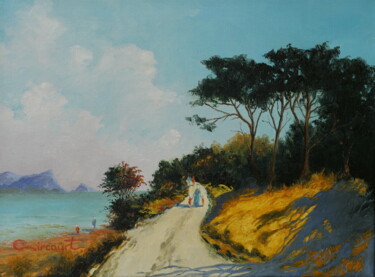 Painting titled "Le chemin des pins…" by Marc Brocheton De Circourt, Original Artwork, Oil Mounted on Wood Stretcher frame