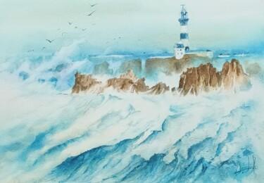 Painting titled "Ouessant, le phare…" by Marc Broudic, Original Artwork, Watercolor