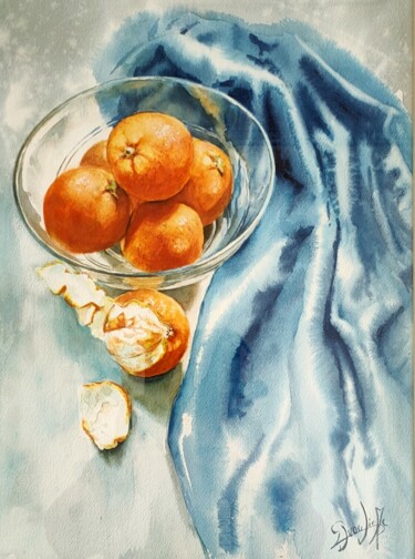 Painting titled "Les oranges" by Marc Broudic, Original Artwork, Watercolor