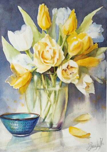 Pintura intitulada "Les tulipes jaunes" por Marc Broudic, Obras de arte originais, Aquarela