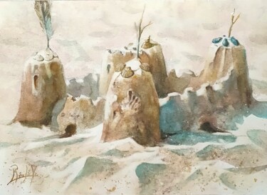 Картина под названием "Le château de sable" - Marc Broudic, Подлинное произведение искусства, Акварель