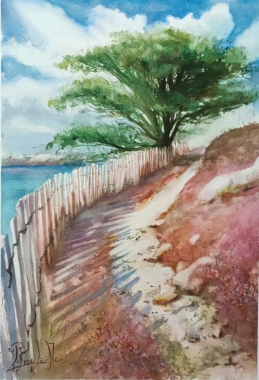 Painting titled "Chemin des douanier…" by Marc Broudic, Original Artwork, Watercolor