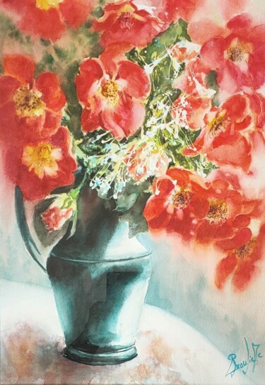 Painting titled "Les roses anciennes" by Marc Broudic, Original Artwork, Watercolor