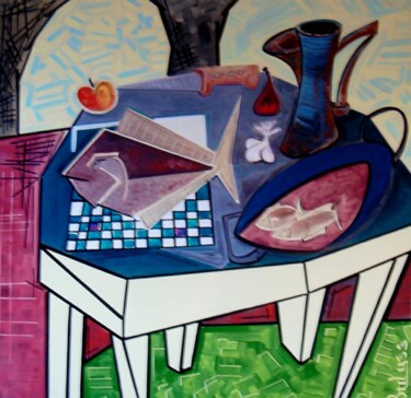 Pittura intitolato "Table au turbot" da Marc Bulyss, Opera d'arte originale, Olio Montato su Telaio per barella in legno