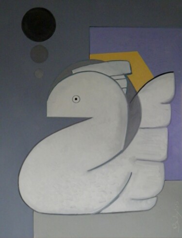 Schilderij getiteld "Free Dove by Bulyss" door Marc Bulyss, Origineel Kunstwerk, Olie Gemonteerd op Frame voor houten branca…