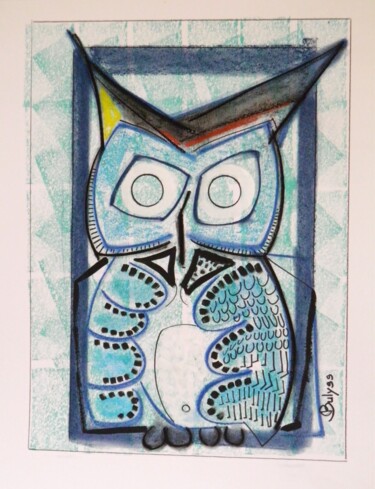 Disegno intitolato "Turquoise owl" da Marc Bulyss, Opera d'arte originale, Pastello