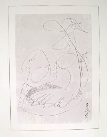 Dessin intitulée "Le Cygne au poussin" par Marc Bulyss, Œuvre d'art originale, Encre