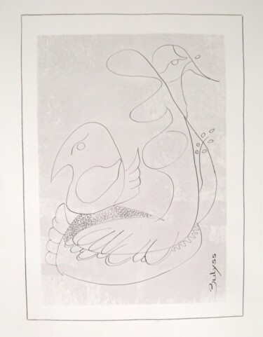 Drawing titled "Le Cygne au poussin" by Marc Bulyss, Original Artwork, Ink