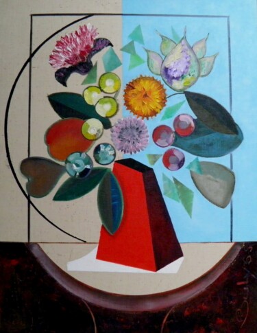 Painting titled "The Flowers in red…" by Marc Bulyss, Original Artwork, Oil Mounted on Wood Panel