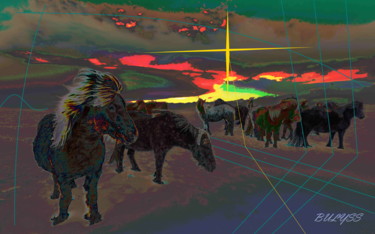 Digitale Kunst mit dem Titel "Iceland Horses" von Marc Bulyss, Original-Kunstwerk, Digitale Malerei