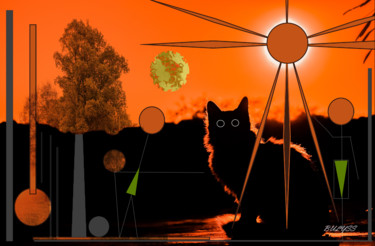 Digital Arts titled "Cat and Aliens" by Marc Bulyss, Original Artwork, Digital Painting
