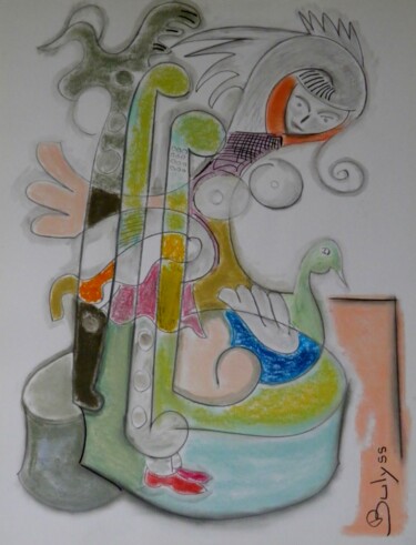 Drawing titled "Dame au Cygne" by Marc Bulyss, Original Artwork, Pastel