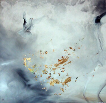 Malerei mit dem Titel "femme à la colombe" von Marc-Charles Le Bars, Original-Kunstwerk, Pigmente