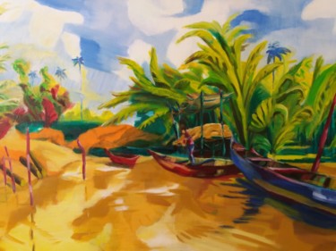 Painting titled "Mangroves Hoi An" by Marc Declercq, Original Artwork, Oil Mounted on Wood Stretcher frame